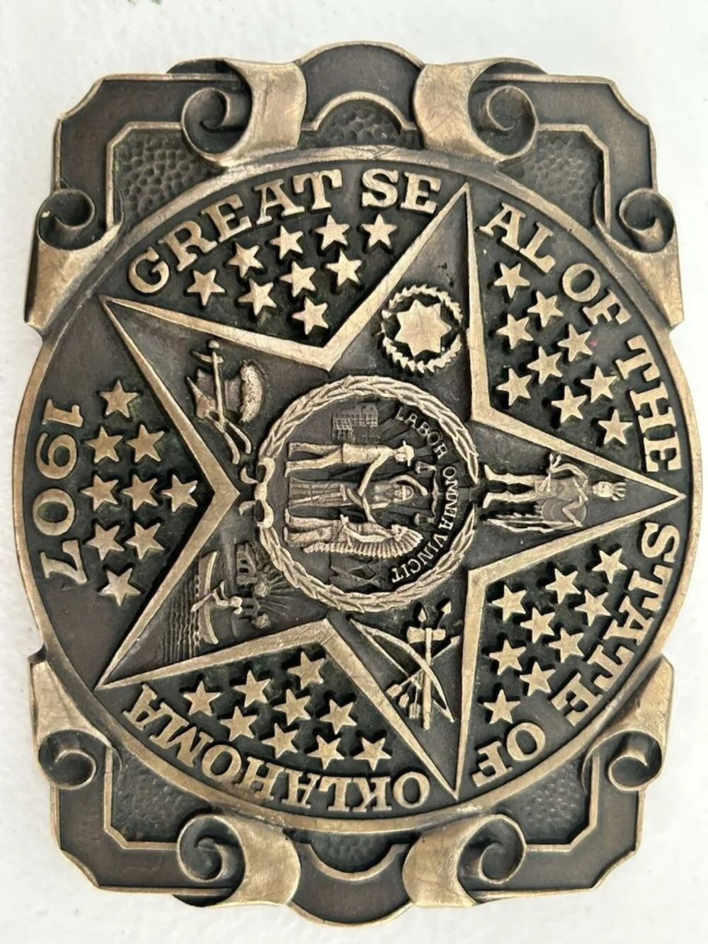 Vintage ADM Award Design Metals Inc Brass Buckle Great Seal State of Oklahoma